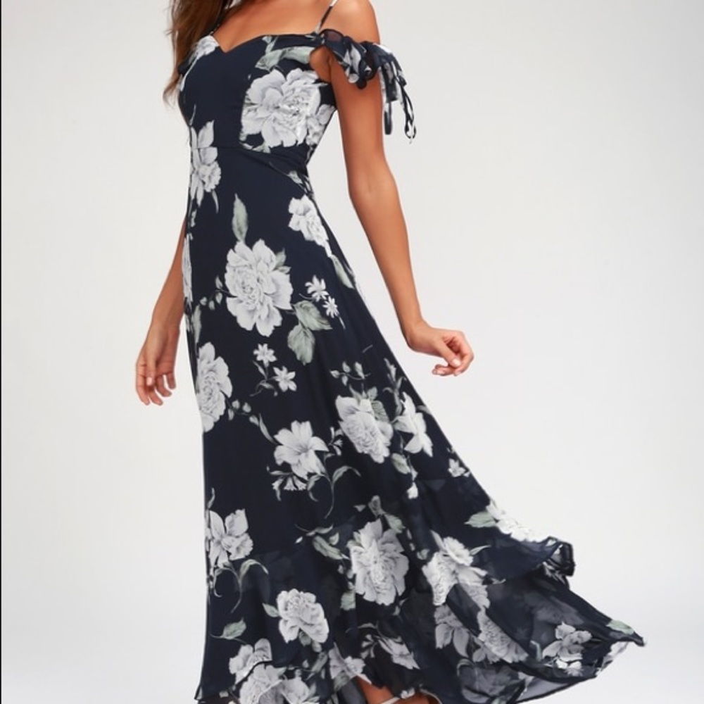 Navy Blue Floral Print Off-the-Shoulder Maxi Dress